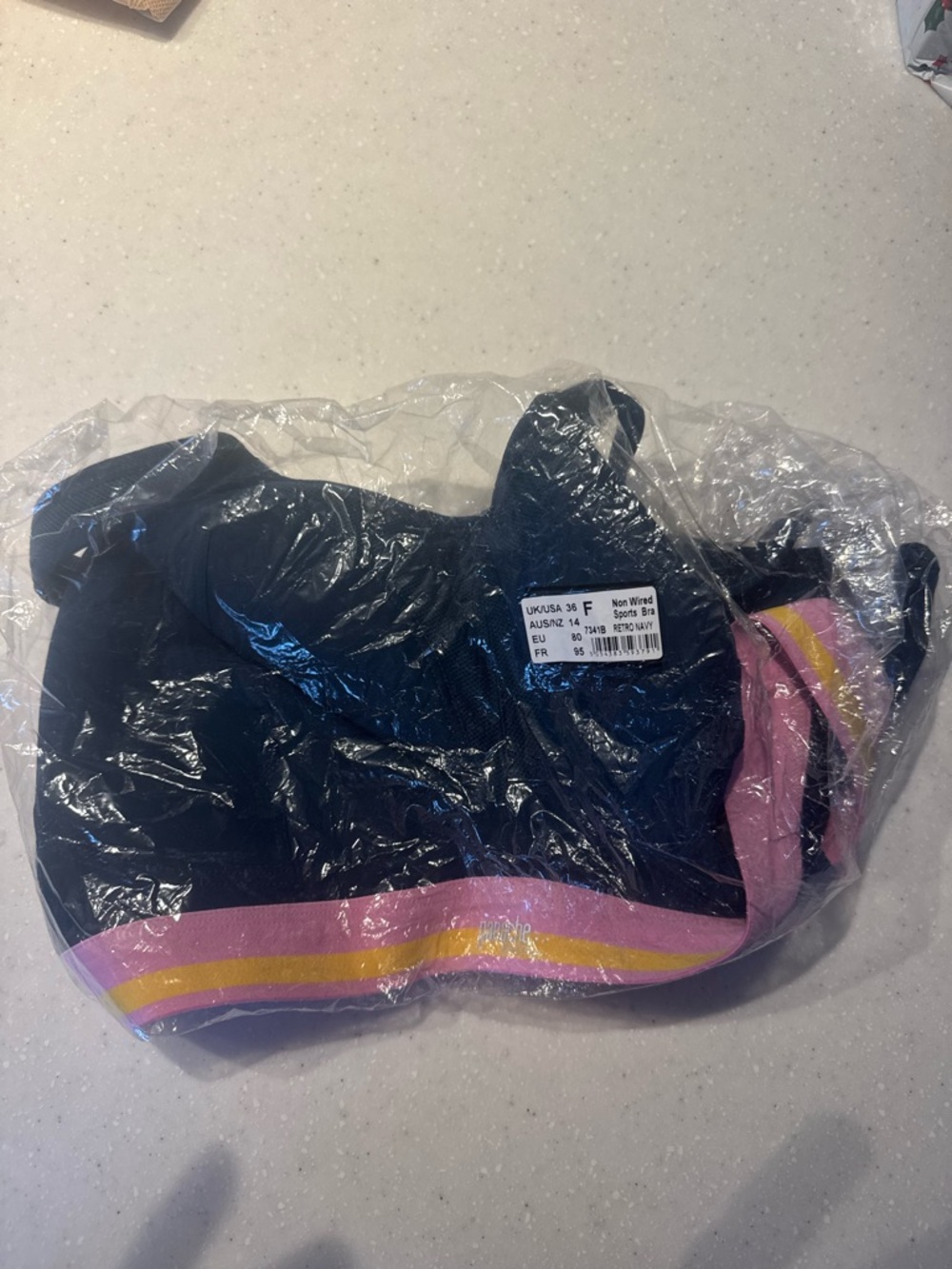 Panache Blue Sports Bra with Pink and Yellow Stripe